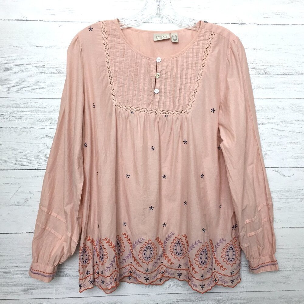 LOGO Lori Goldstein Pink Embroidered Tunic Top Long Sleeves size XS